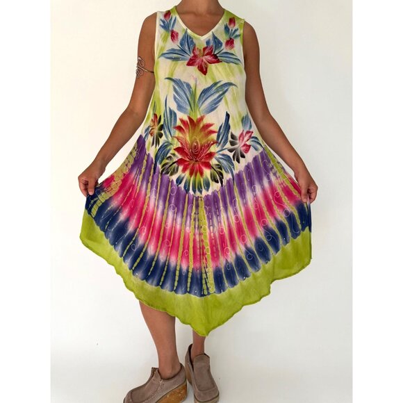90s vintage floral tie dye hand painted boho beach flowy umbrella dress one size - Picture 2 of 9
